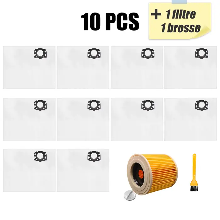 10 sacs d'aspirateur + 1 filtre adapté pour Karcher KFI 357 I WD 2 Plus WD 2 Plus V-12/4/18/C, WD 3