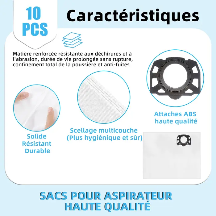 Lot de 5/10 sacs pour aspirateur KFI 357 pour Kärcher WD3s WD 3 V-17/4/20 2.863-314.0 WD2 Plus kwd 3 KWD1-2 SE 4001