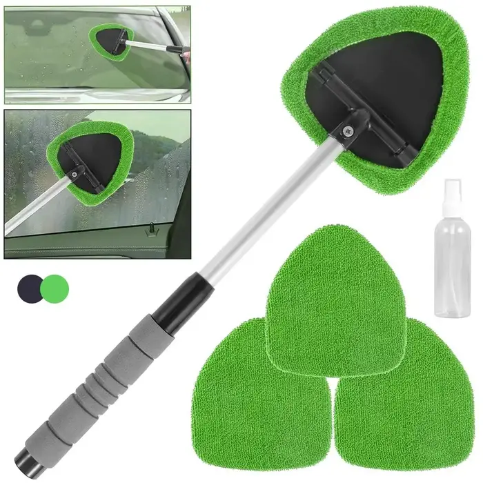 Kit de nettoyage de pare-brise de voiture télescopique avec 3 tampons en microfibre, flacon pulvérisateur, nettoyeur de vitres extensible pour l'intérieur et l'extérieur