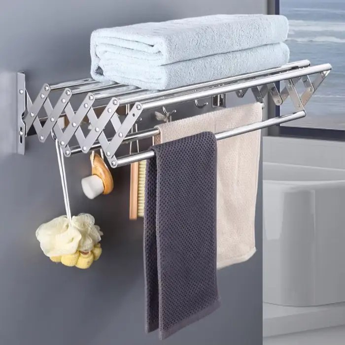 Étendoir à vêtements support de séchage mural polyvalent pliable cintre d'organisation extensible rétractable salle de bain porte-linge