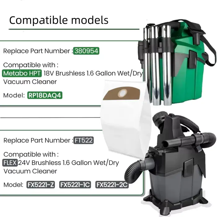 Sac de rechange pour aspirateurs sans fil humides et secs FLEX 24V Brushless et Metabo HPT 18V 1,6 gallon, compatible avec FT522 et 380954