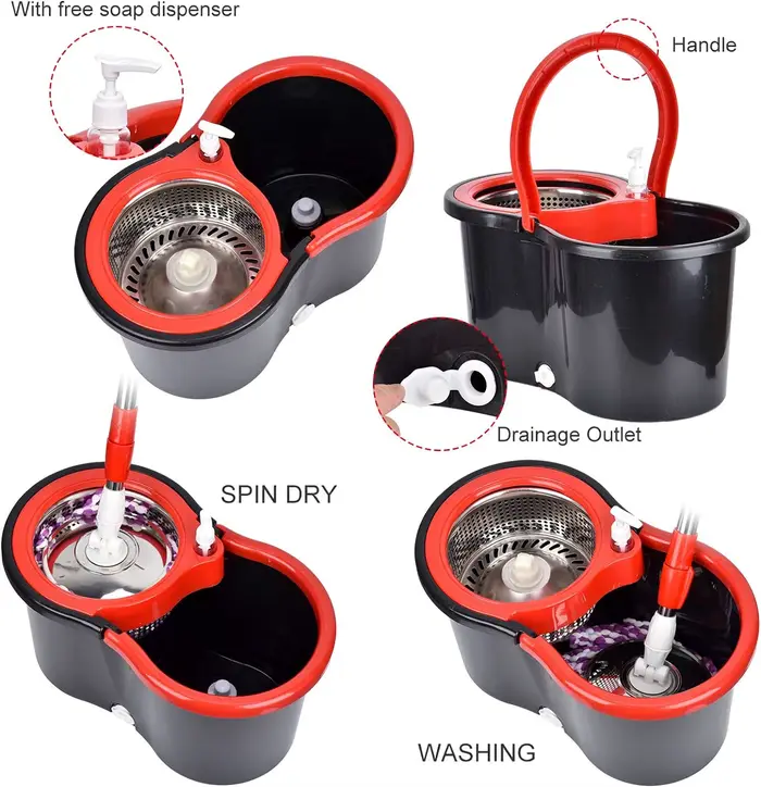 360 °   Ensembles de seaux à vadrouille rotative avec système d'essorage dans 3 têtes en microfibre,