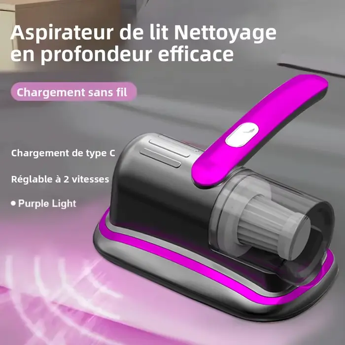 Aspirateur à matelas portatif sans fil avec filtre HEPA léger UV-C et vibrations ultrasoniques 12KPa pour tapis de siège de voiture de canapé de lit