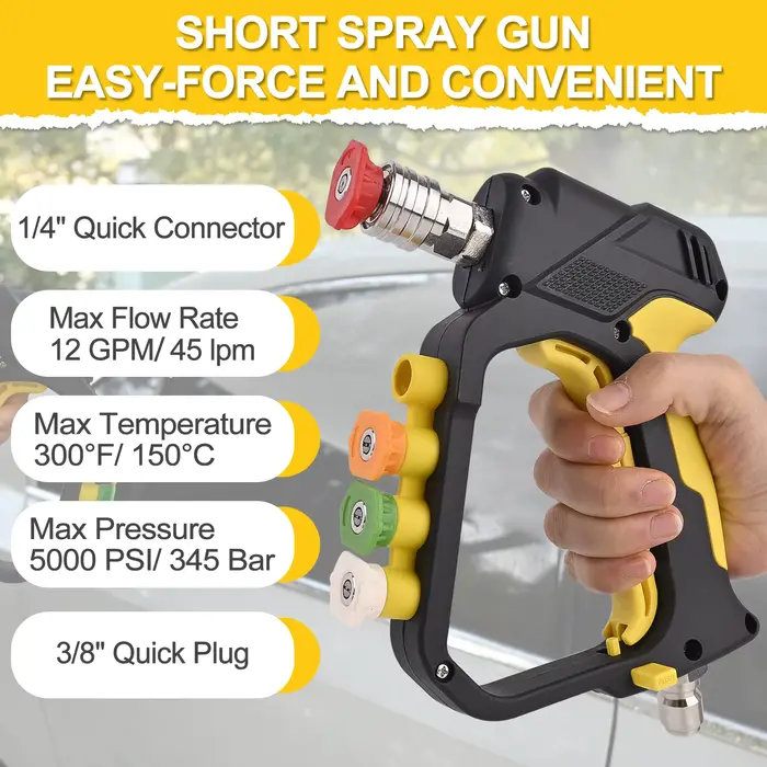 Nettoyeur haute pression Pistolet à jet court Max 5000 PSI avec sortie 1/4” Connecteur rapide & Entrée 3/8” Prise