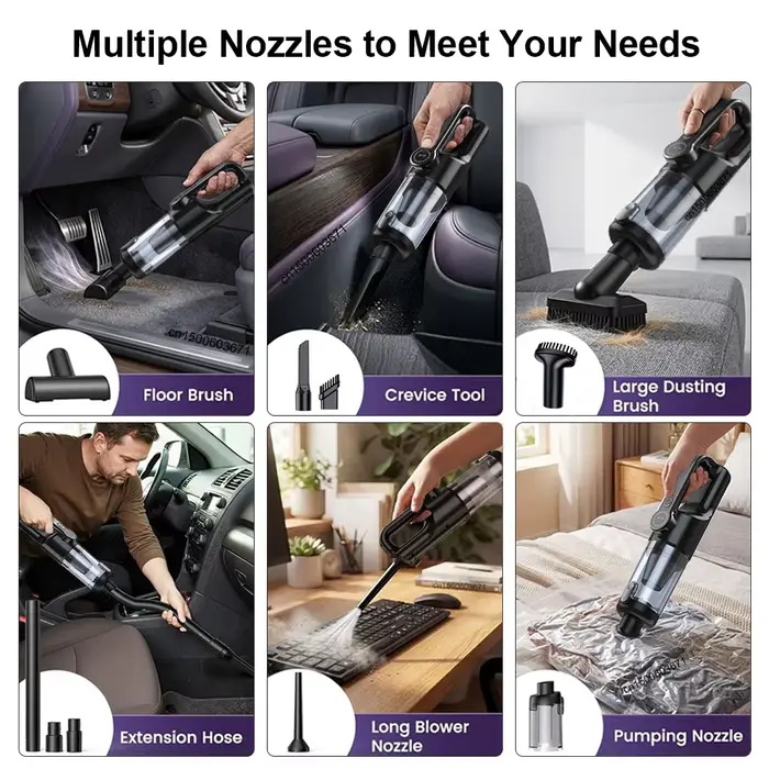 Aspirateur portable sans fil pour voiture et maison, mini aspirateur à main sans fil avec 6 brosses
