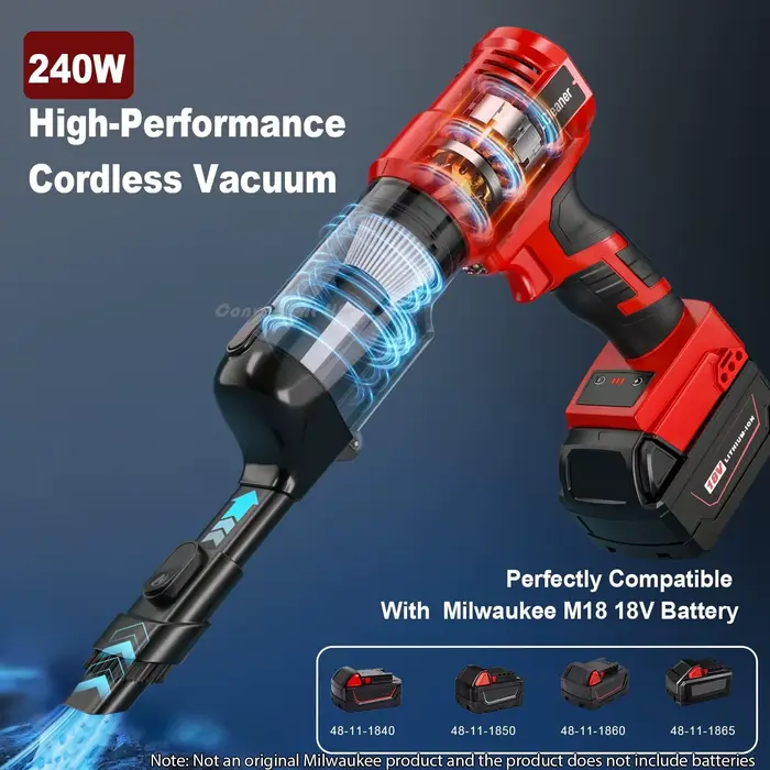 Aspirateur sans fil pour Milwaukee M18 Batterie 18V Aspirateur à main électrique 240W avec aspiration puissante 105AW pour tapis de sol Tables de voiture 5 filtres HEPA remplaçables Trois niveaux régl