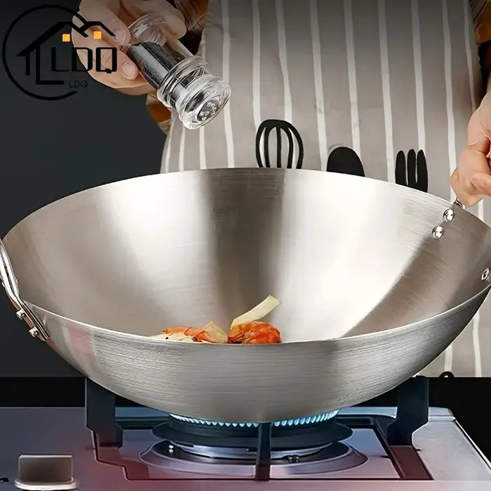 Grand Wok en acier inoxydable, poêle de Chef épaisse et Durable de haute qualité, Non revêtue, avec 