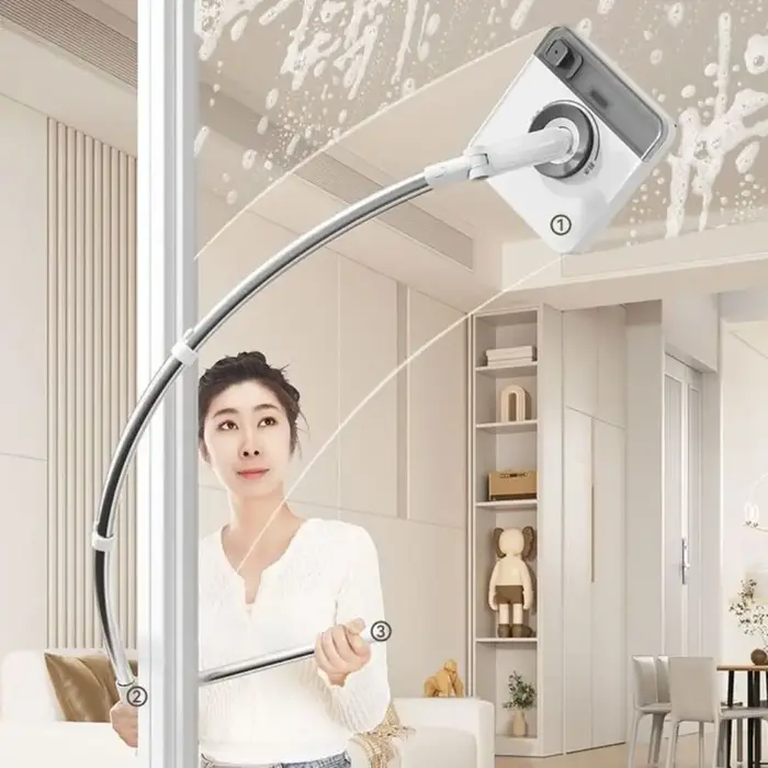 Outil de nettoyage de fenêtres en acier inoxydable et PP, gris, extensible, pour nettoyeur de vitres en hauteur, tige en arc flexible