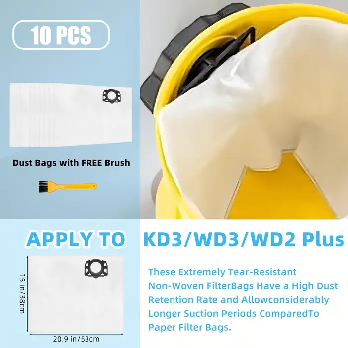 Lot de 5/10 sacs pour aspirateur KFI 357 pour Kärcher WD3s WD 3 V-17/4/20 2.863-314.0 WD2 Plus kwd 3 KWD1-2 SE 4001