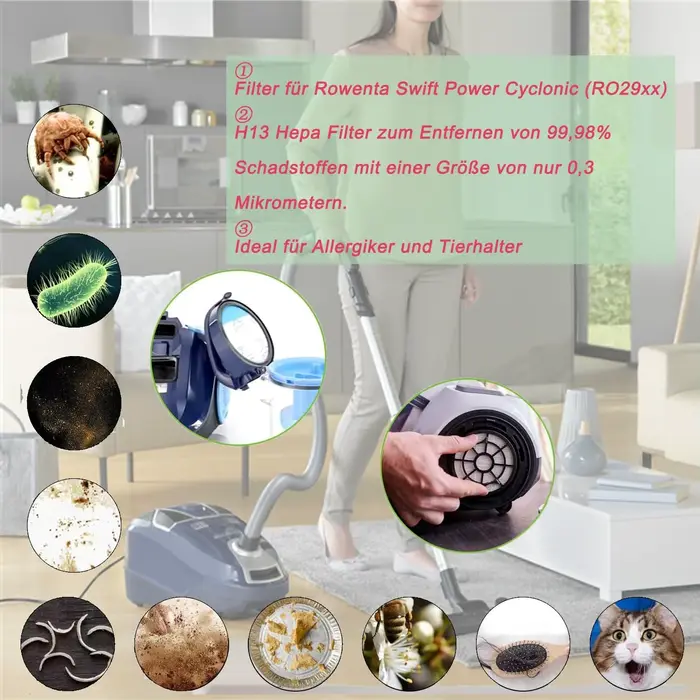 Remplacement pour filtre Hepa Rowenta Swift Power Cyclonic RO2910 RO2913 RO2915 RO2932 RO2933 RO2957 RO2981 Code ZR904301
