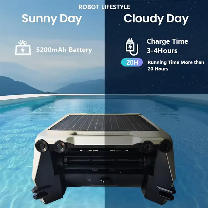 Robot nettoyeur de piscine solaire automatique, filtration fine 220μm, batterie 5200mAh, 20h d'autonomie, 100 ㎡ Couverture de grande piscine