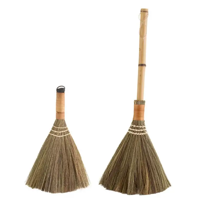 Brosse de nettoyage compacte décorative en bambou et paille, balai traditionnel doux pour intérieur et extérieur