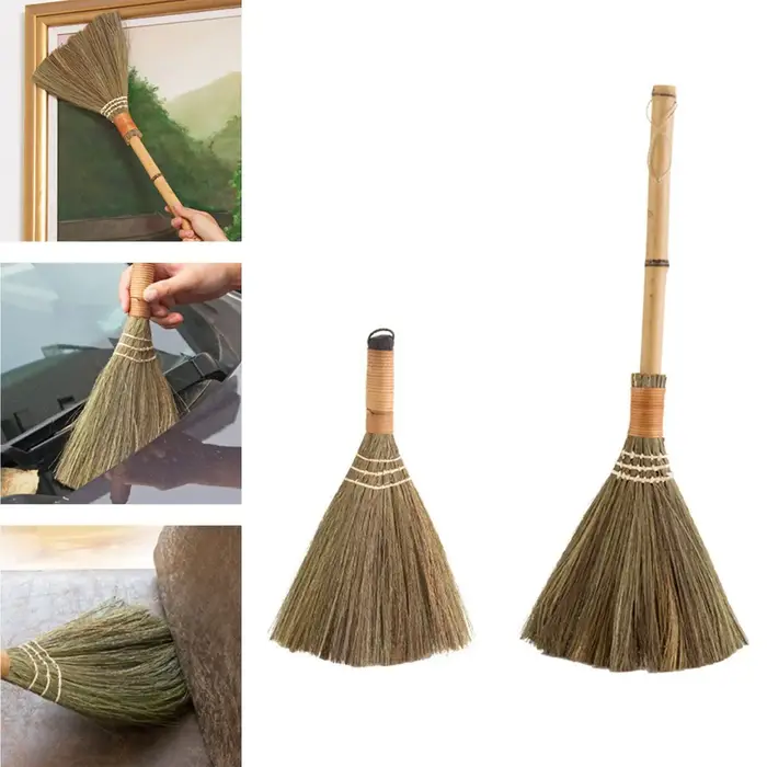Brosse de nettoyage compacte décorative en bambou et paille, balai traditionnel doux pour intérieur et extérieur