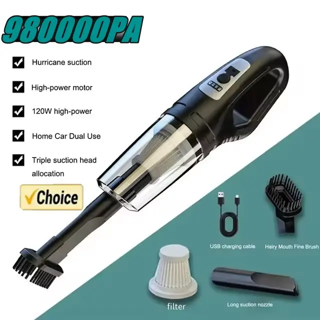Aspirateur à main sans fil avec chargeur USB, 120W, pour voiture, aspiration puissante, pour voiture