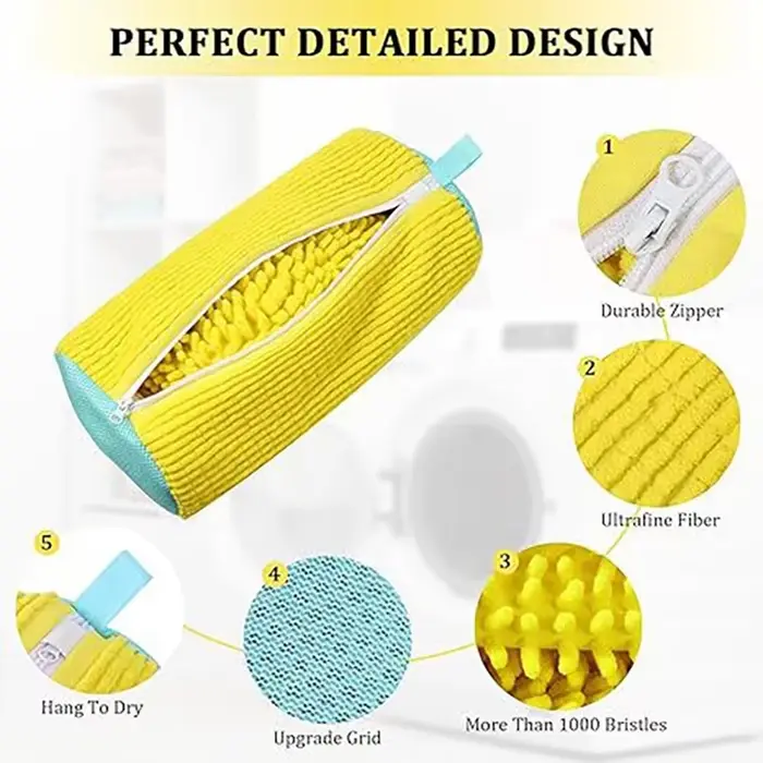 Sac de lavage de chaussures en fibre moelleuse 360 degrés en polyester réutilisable pour nettoyage en machine protection durable et style moderne