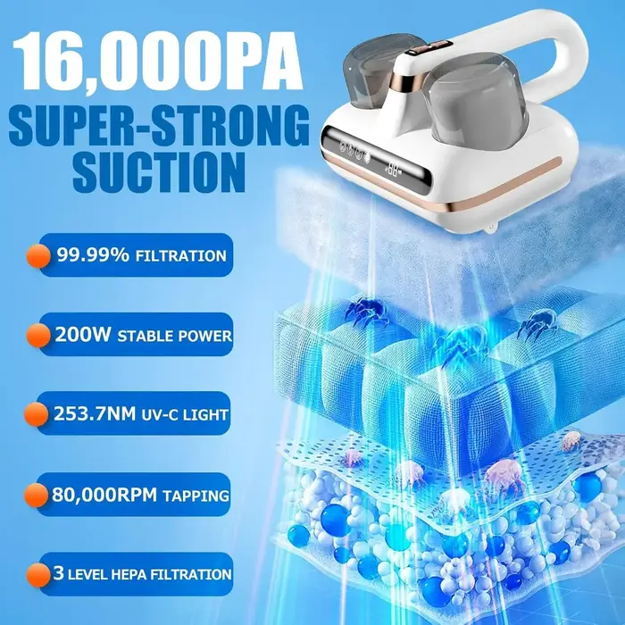Matelas Lit Aspirateur Sans Fil Portable Déterminer 16Kpa injuste Aspiration UV-C Lumière et Ultrasons pour Drap Canapé Livres