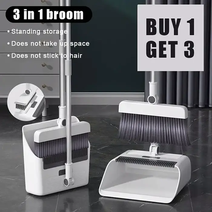 Nettoyage domestique simplifié avec un ensemble brosse à plancher et pelle à poussière 3 en 1 à long manche
