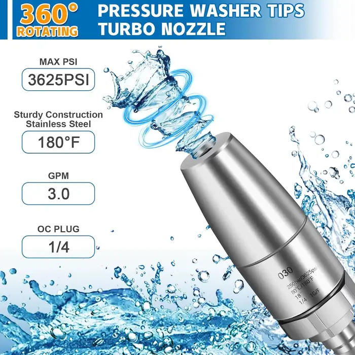 Buse Turbo pour nettoyeur haute pression rotative pour eau chaude et froide avec connexion rapide 1/4 en acier inoxydable 3625 PSI