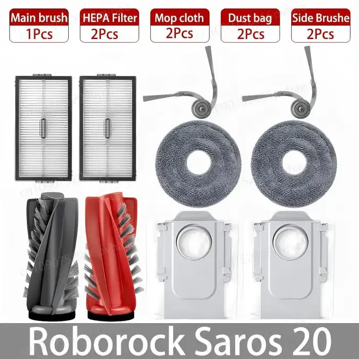 Accessoires pour aspirateur robot Roborock Saros 20 : brosse principale, brosse latérale, filtre HEPA, chiffons de nettoyage, sacs à poussière, accessoires de remplacement