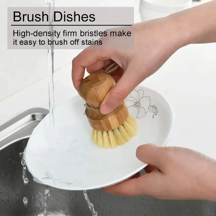 Leeseph Brosses à récurer la vaisselle en bambou, épurateurs de nettoyage en bois de cuisine pour laver la casserole/casserole en fonte, poils en sisal naturel