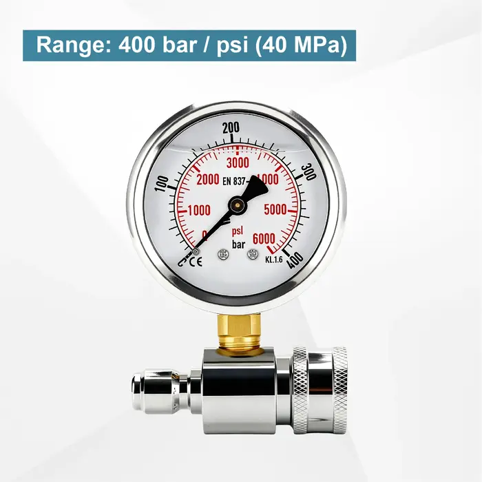 Manomètre Haute Pression 6000 PSI 400-600 Bar Raccord Rapide 3/8 Pouce Acier Inoxydable Échelle Double Indicateur