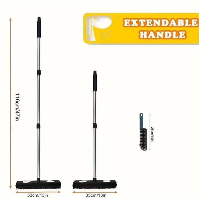 2 balais en caoutchouc avec raclette et long manche pour enlever les poils d'animaux