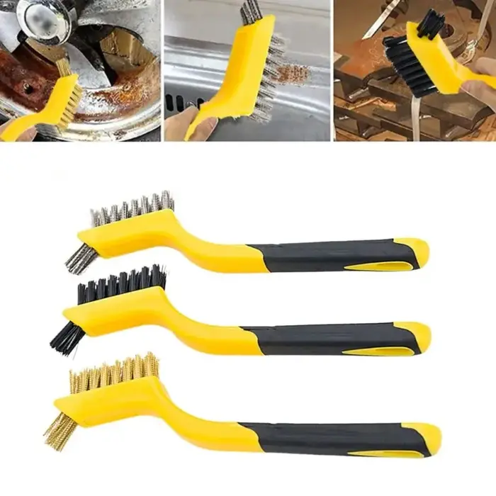 Jeu de brosses métalliques, poils en Nylon/laiton/acier inoxydable avec poignée incurvée pour la rouille, la saleté et la peinture, nettoyage en profondeur