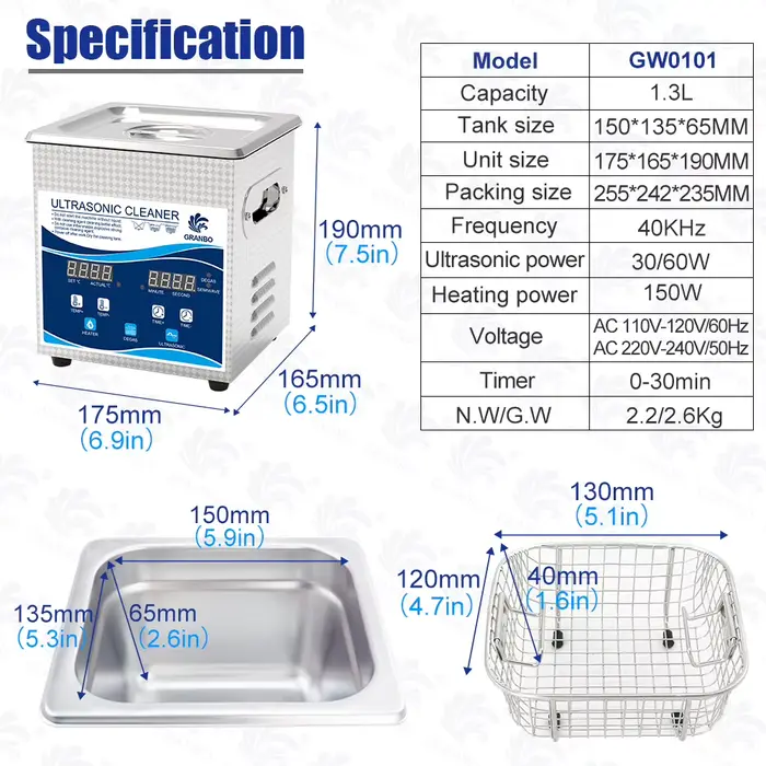 Nettoyeur à ultrasons verre bijoux montre outils 1L 40KHz Machine de nettoyage à ultrasons 60W 120W
