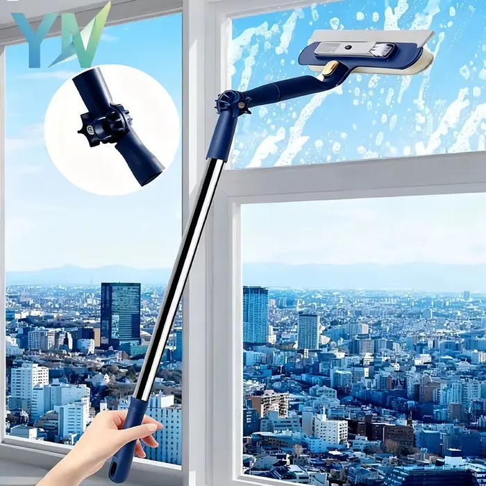 Nettoyeur de vitres double face à long manche avec raclette magnétique pour usage extérieur et domestique