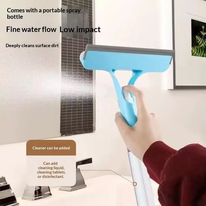 Un nettoyant pour vitres 3-en-1. Comprend une tête de brosse double face et un grattoir