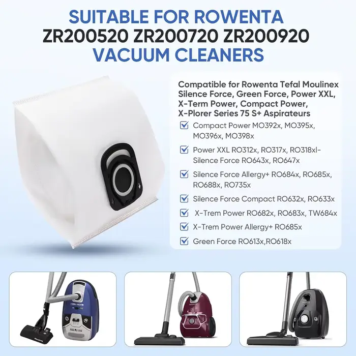 Sacs d'aspirateur compatibles avec Rowenta ZR 200520 ZR 200720 ZR 200920 Hygiène + Silence Force Compact Power X-Trem