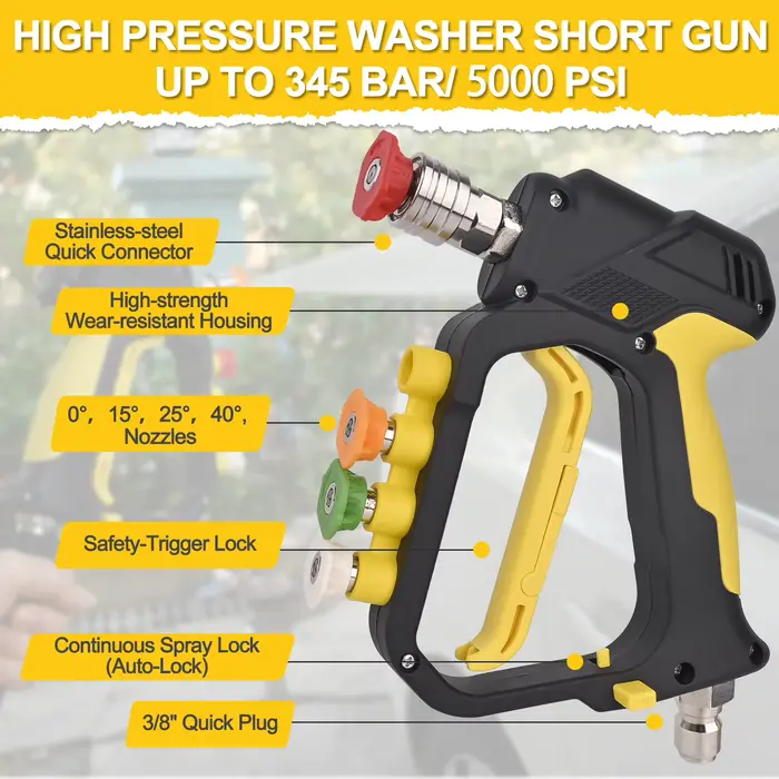 Nettoyeur haute pression Pistolet à jet court Max 5000 PSI avec sortie 1/4” Connecteur rapide & Entrée 3/8” Prise