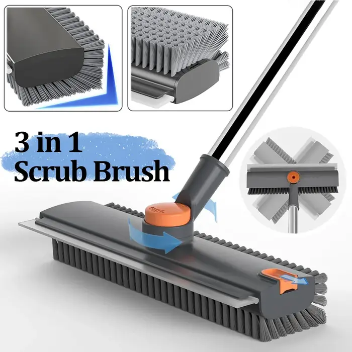 Brosse de nettoyage avec manche long de 52 pouces, balai-essuie-glace 3-en-1 pour sol de douche, brosse-essuie-glace pour le nettoyage des coins de salle de bain