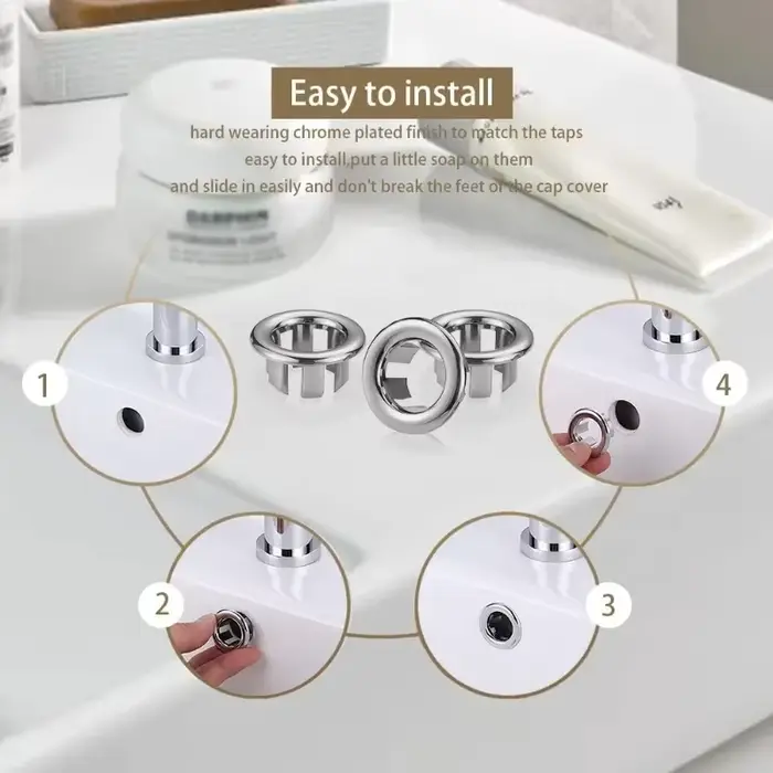 Couvercle de débordement d'évier de lavabo de cuisine de salle de bains en plastique, 4 pièces, anneau d'insertion de remplacement, trou chromé, bouchon de vidange rond, accessoire de lavabo