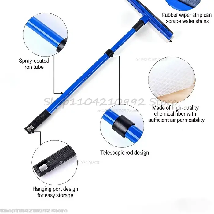 Nettoyeur de vitres télescopique 2-en-1 avec brosse éponge à long manche et raclette de nettoyage