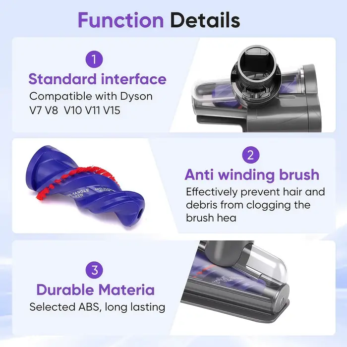Tête de brosse électrique mini anti-emmêlement améliorée V15, compatible avec les aspirateurs Dyson V7 V8 V10 V11 V15, idéale pour les sièges de canapé