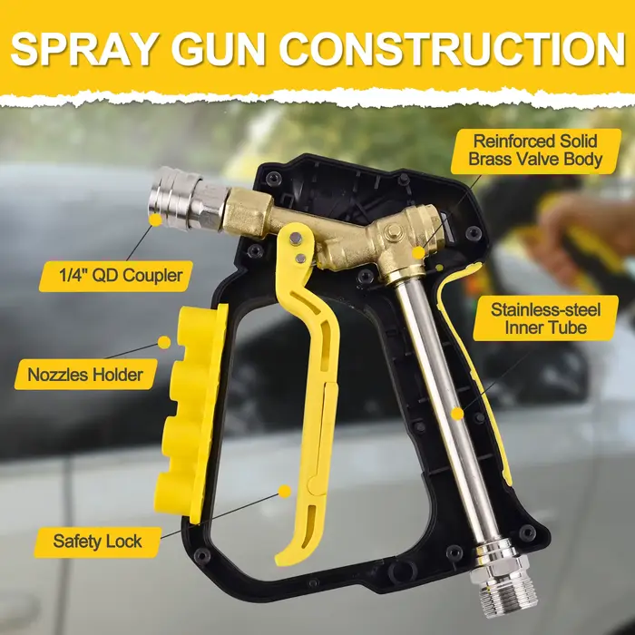 Nettoyeur haute pression Pistolet à jet court Max 5000 PSI avec entrée M22-ID14mm & sortie 1/4” Connecteur rapide & Porte-buses