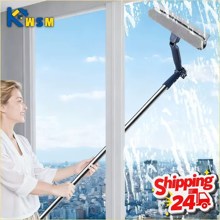 Nettoyeur de vitres double face à long manche avec raclette magnétique pour usage extérieur et domestique