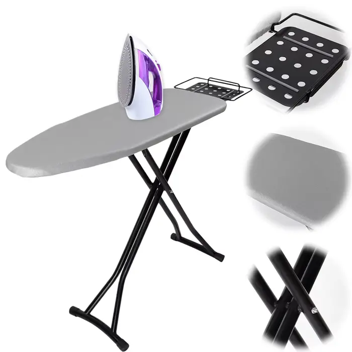 Planche à repasser compacte et robuste, pliable et réglable en hauteur, avec couvercle résistant à la chaleur, repose-fer à vapeur, pieds antidérapants