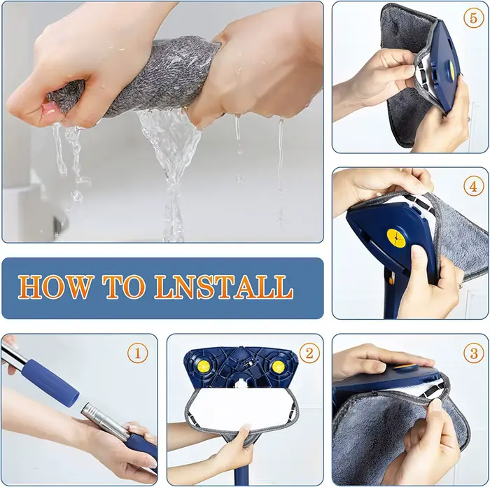 360 ° Vadrouille de nettoyage rotative et réglable, Triangle extensible, longue poignée, torsion manuelle, multifonction, microfibre, nettoyage humide et sec