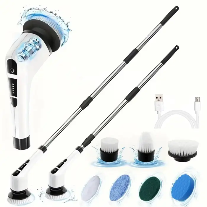 Brosse rotative électrique avec 7 têtes de brosse remplaçables et poignée d'extension réglable, bros