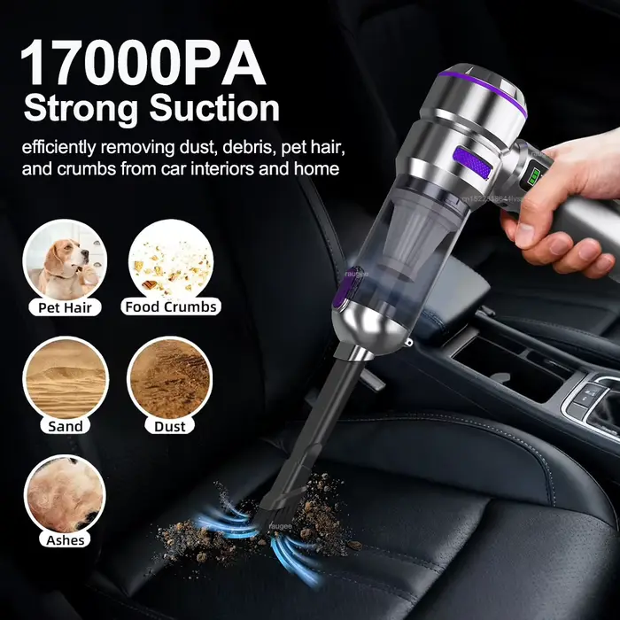 Aspirateur de voiture sans fil, aspirateur à main, souffleur d'air 17000Pa, nettoyage portable avec éclairage LED pour voitures et maison