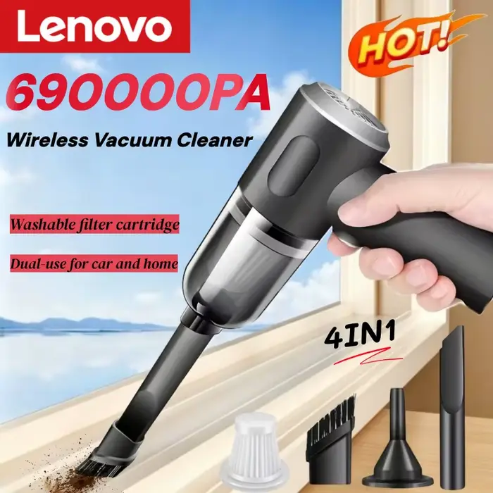 Aspirateur de voiture Lenovo 690000Pa, aspirateur sans fil haute puissance, charge rapide en 2 heures, nettoyeur à double usage sec et humide, nettoyeur portatif sans fil