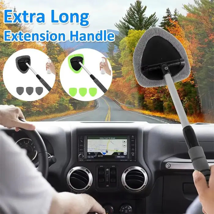 Kit de nettoyage de pare-brise de voiture télescopique avec 3 tampons en microfibre, flacon pulvérisateur, nettoyeur de vitres extensible pour l'intérieur et l'extérieur