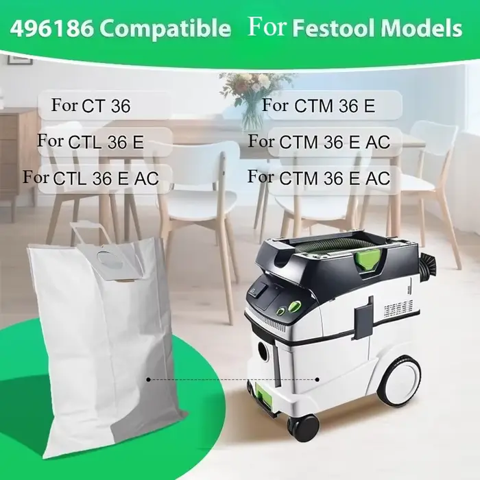 10 sacs filtrants 496186 pour aspirateur Festool CT 36 / CTM 36 E/CTL 36 E CLEANTEC SC FIS-CT 36/5