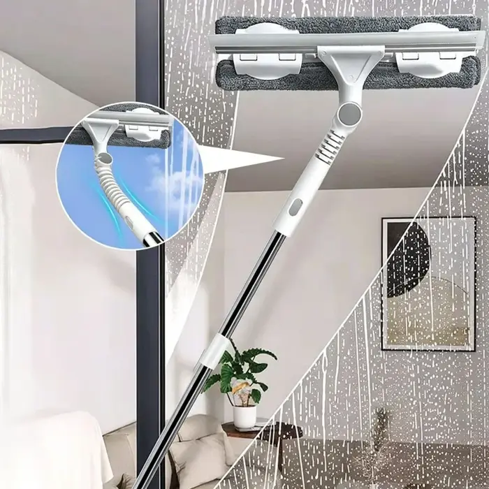 Outil de nettoyage de vitres double face BSEVB avec manche extensible - Nettoyeur de vitres multifonctionnel pour les immeubles de grande hauteur