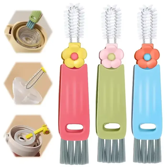Brosse de nettoyage de couvercle de tasse 3 en 1 avec trou de suspension sur le dessus de fleur 360 ° Détachant sans