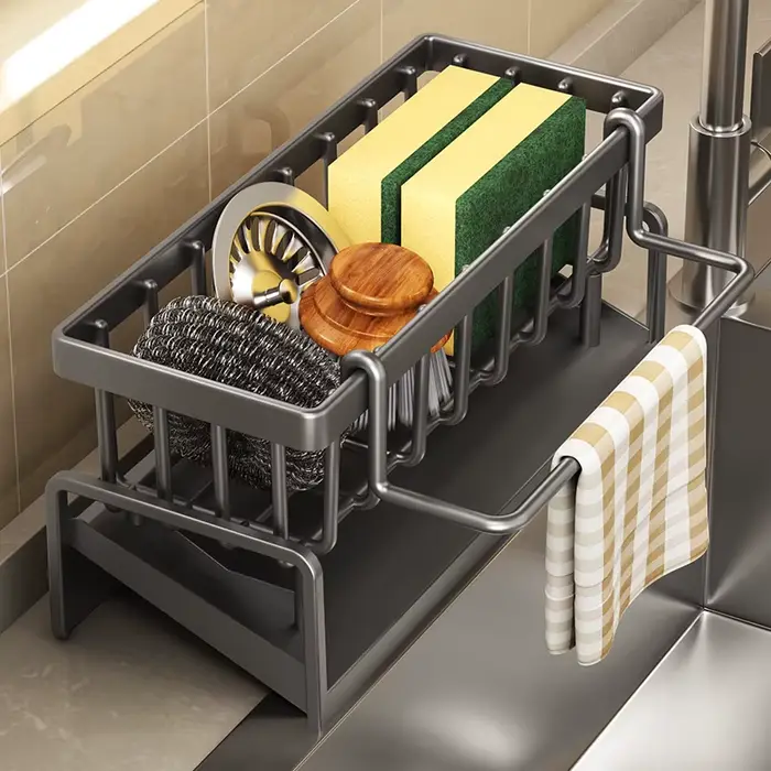 Étagère à épices compacte à fixer sur robinet – Organisateur d'évier avec égouttoir – Rangement de cuisine peu encombrant pour ustensiles/accessoires