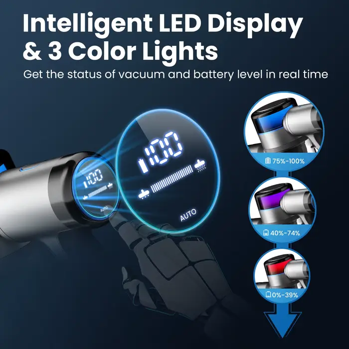 INSE-Aspirateur sans fil avec affichage LED, aspirateur à réglage intelligent, aspirateur pour tapis