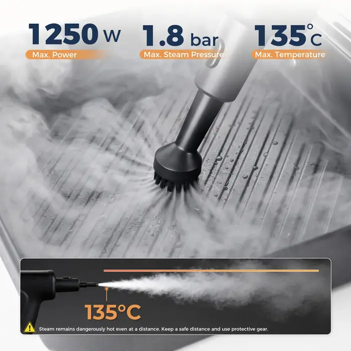 Nettoyeur vapeur léger, préchauffage rapide en 20 secondes, 135 ° Nettoyeur vapeur haute température C, câble de 5 m, réservoir amovible de 300 ml avec outils multifonctions